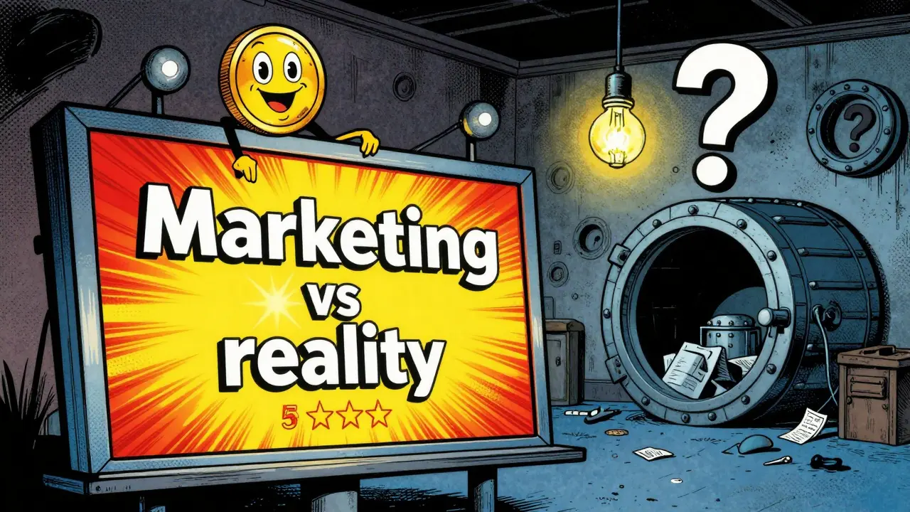 Vintage cartoon showing a cheerful advertisement hiding a mysterious, shadowy room.