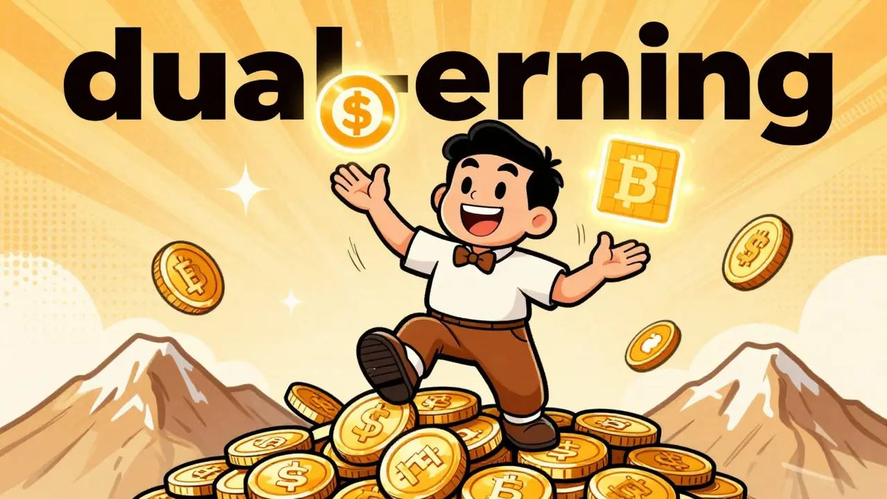 Vintage illustration of a character juggling staking rewards and DeFi yield.