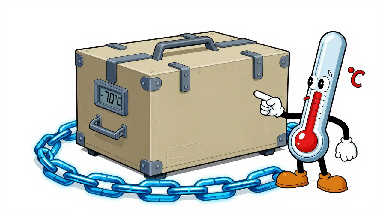 Vintage illustration of a vaccine crate with a digital blockchain and a thermometer showing -70 degrees Celsius.