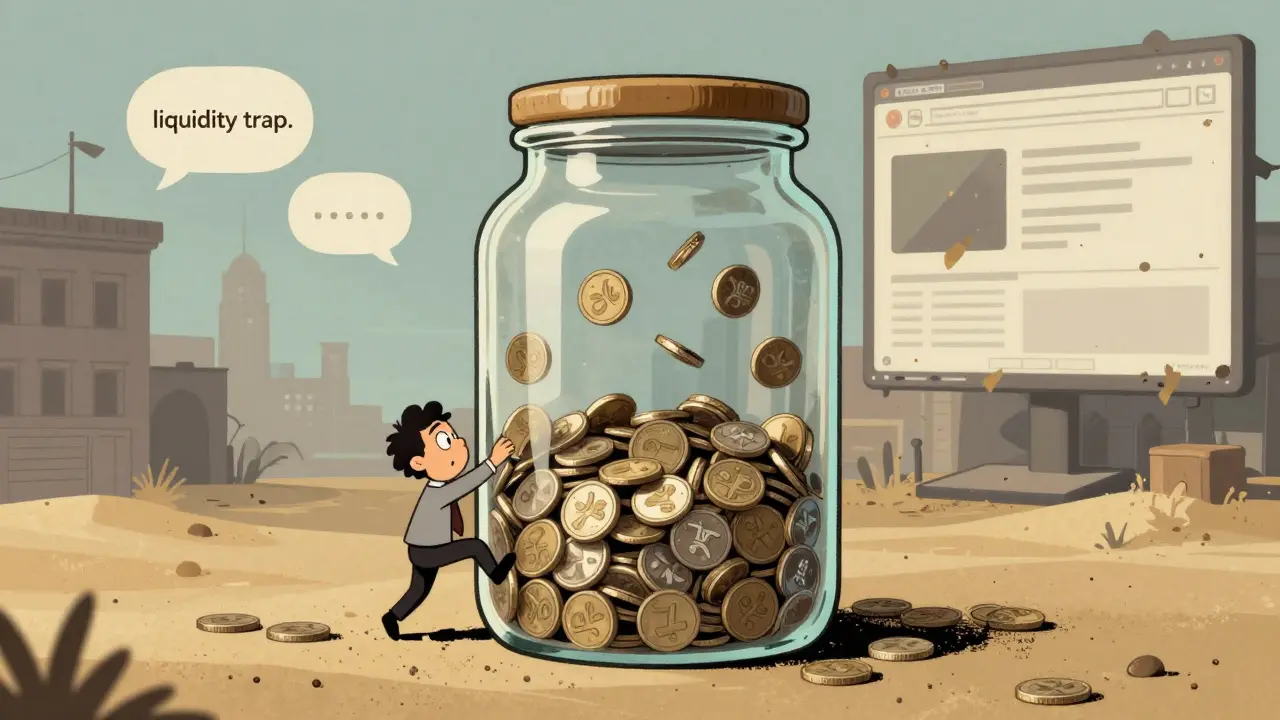 Vintage illustration of an investor trapped in a jar of worthless coins