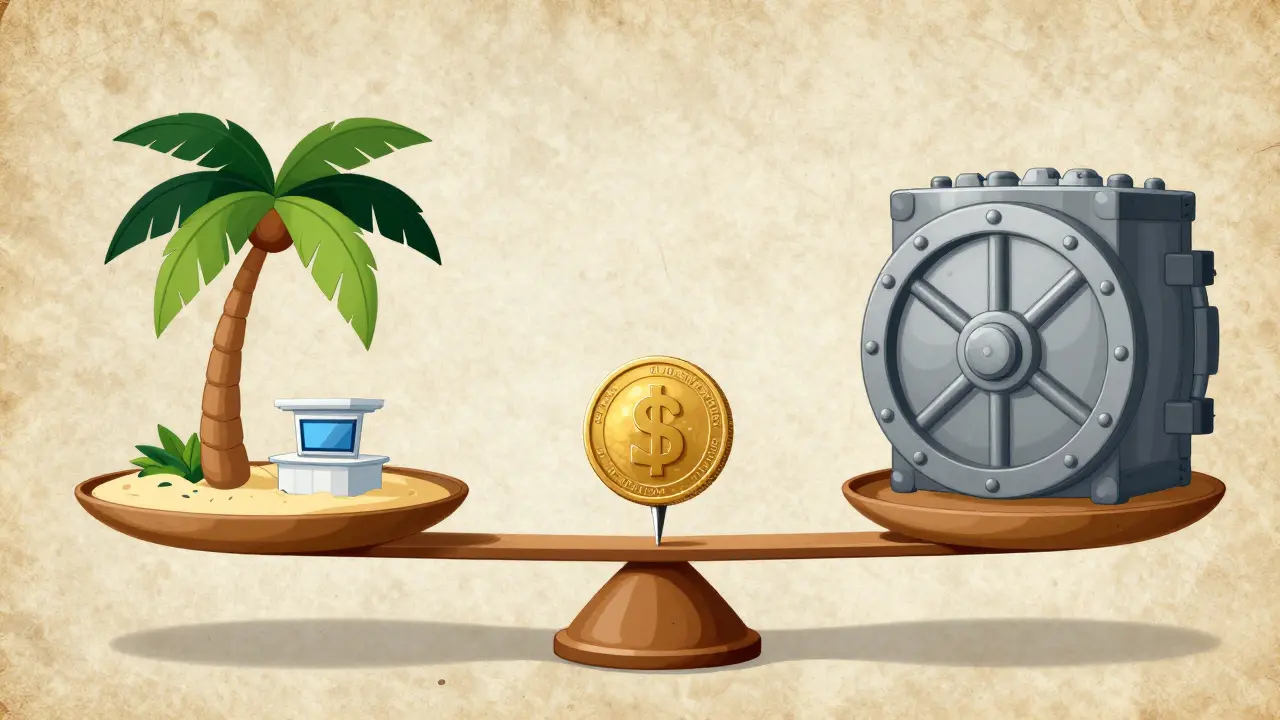 Vintage style drawing of a coin balancing between a tropical office and a secure vault.