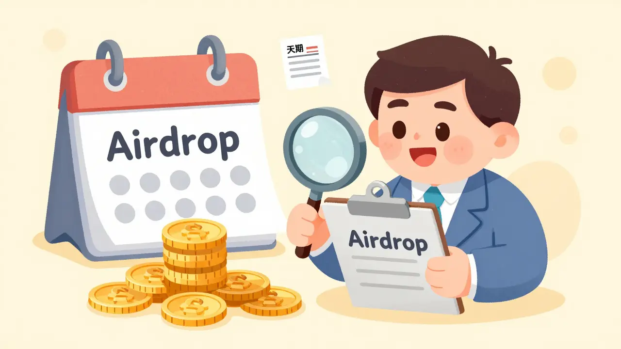 Advisor checking airdrop coins and tax documents with a magnifying glass.