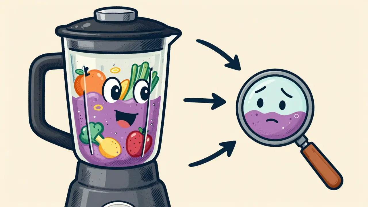 Anthropomorphic blender turning fruit into smoothie, showing one-way process