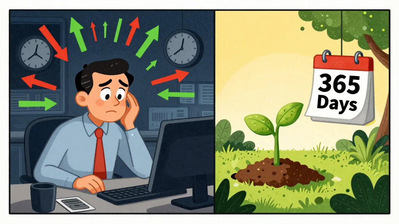 Cartoon contrast between stressed short-term trader and calm long-term investor