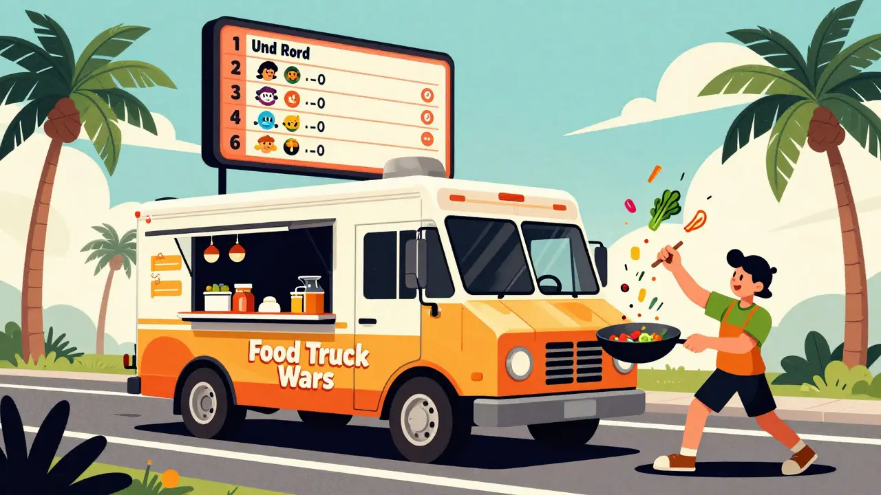 Cartoon food trucks competing in a vibrant street battle scene.