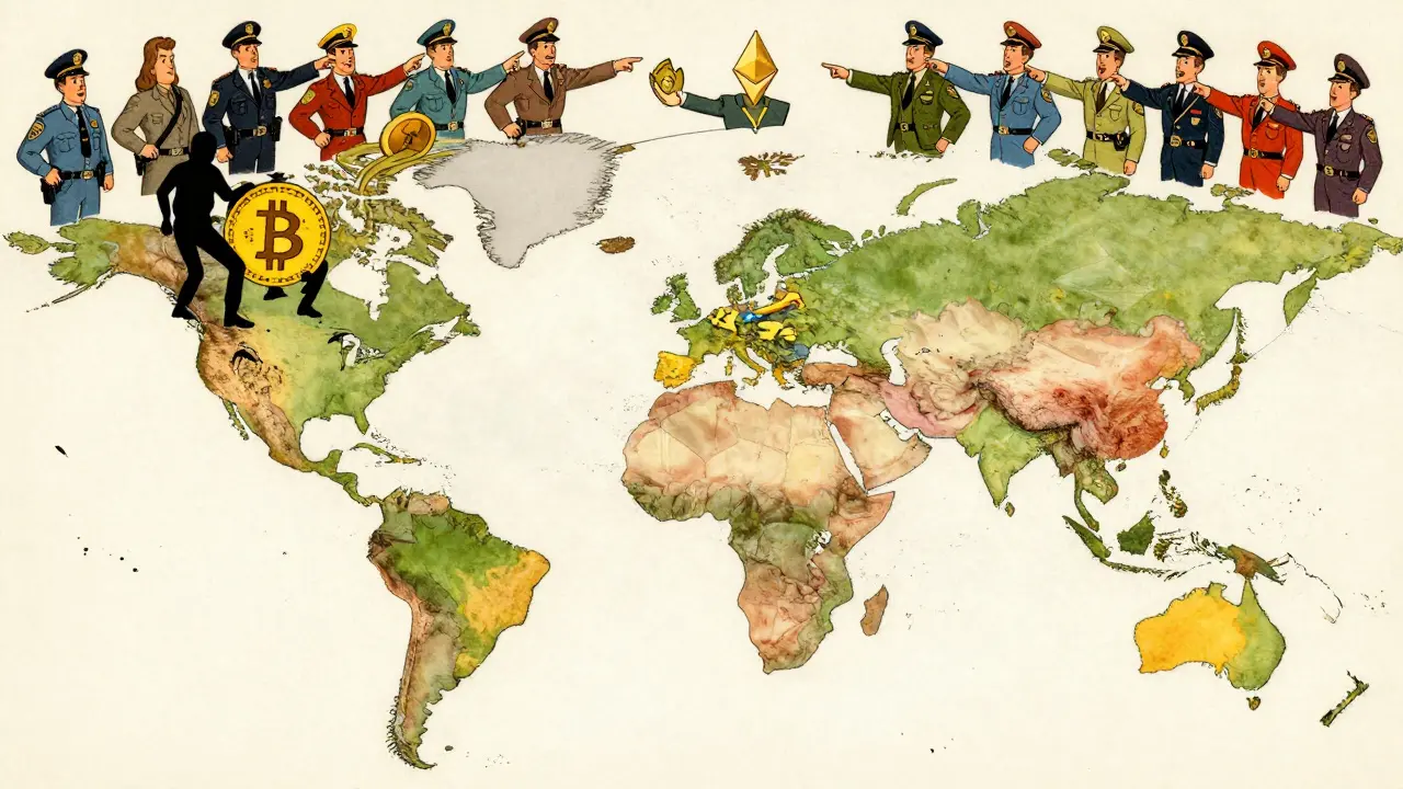 Cartoon map showing global crypto theft hotspots and cross-border police work.