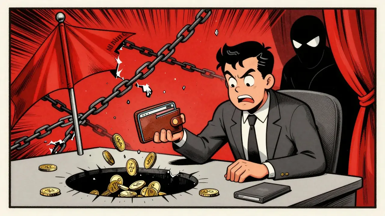 Cartoon of user losing crypto to a honeypot trap with warning flags in background