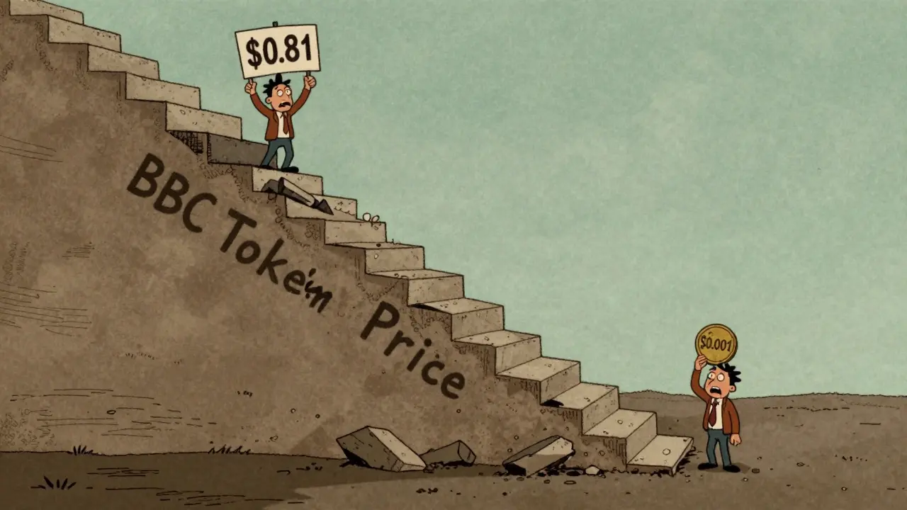 Cartoon showing steep price drop of BBC token value
