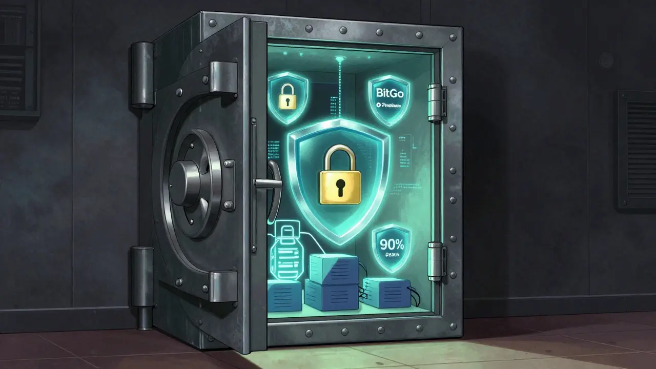 Cartoon style secure vault protecting digital assets with institutional-grade shields.