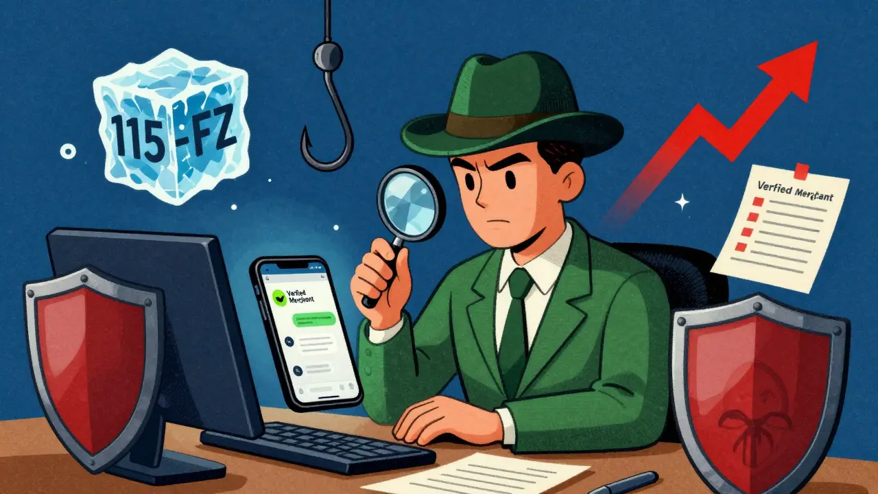 Cartoon trader checking security details with magnifying glass amid risk symbols