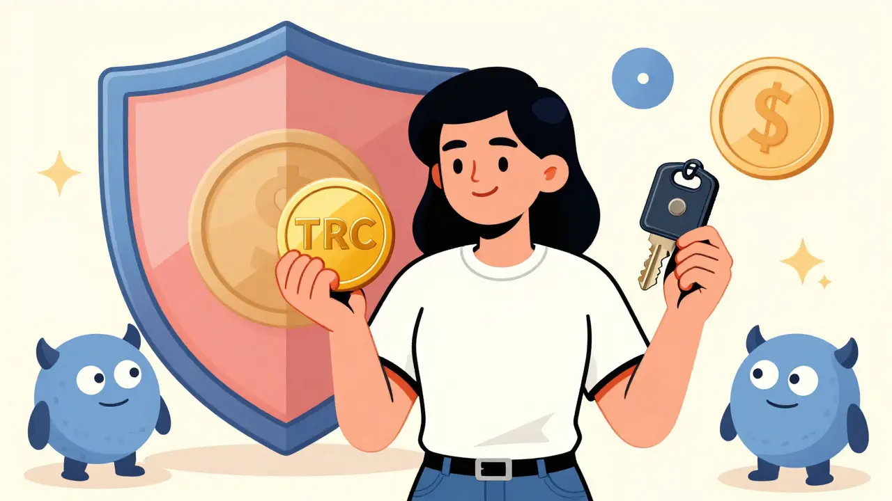 Cartoon user holding a TRC token and wallet key, protected from fees by a shield.