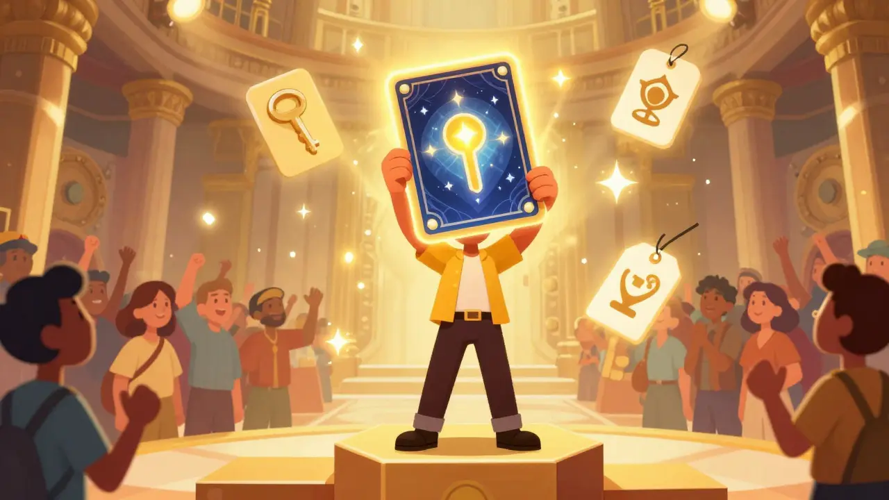 Cartoon winner holding glowing legendary NFT card on podium with rewards