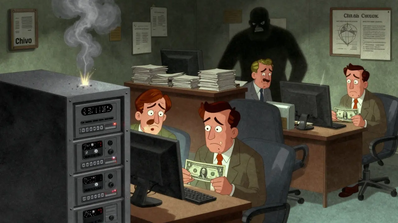 Chaotic office scene showing server crashes and merchant confusion in vintage art.