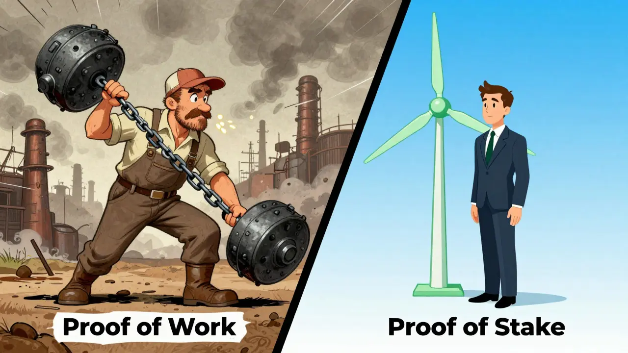 Comparison of dirty Proof of Work mining vs clean Proof of Stake
