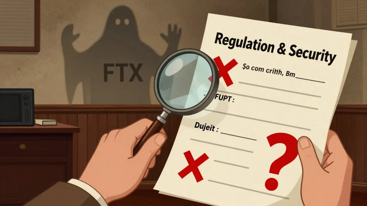 Detective inspecting blank regulation docs with red Xs