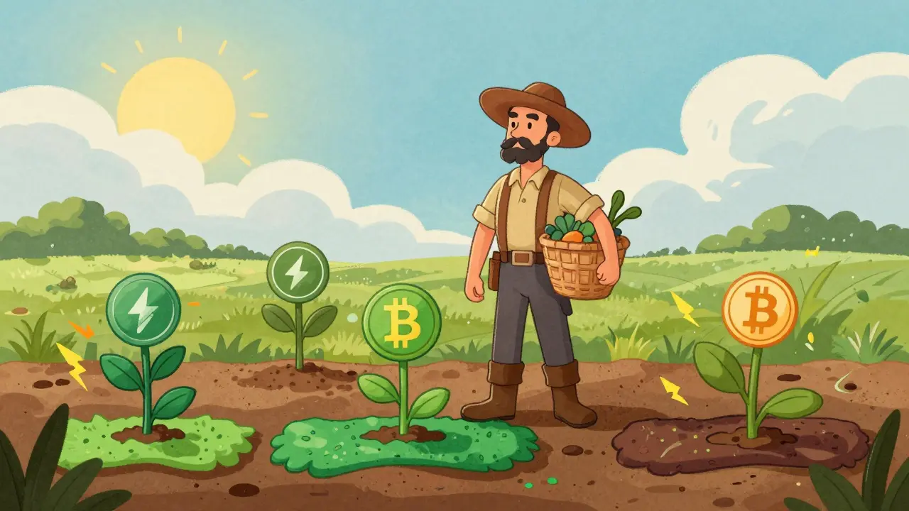 Farmer tending to diverse cryptocurrency plants in a field