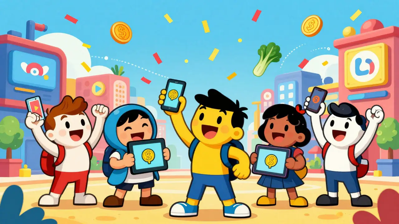 Gamers celebrating airdrop rewards with confetti in retro style.