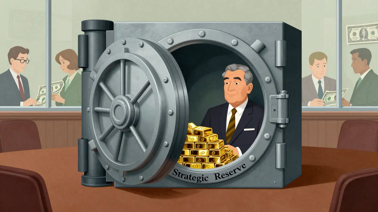 Government official guarding a Bitcoin reserve vault in a retro illustration.
