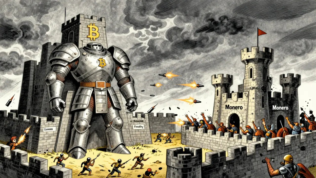 Illustration comparing Bitcoin's strong defense to Monero's vulnerability