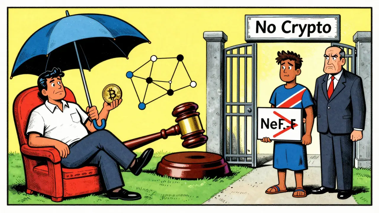 Illustration comparing crypto laws in Mauritius vs Namibia with legal gavel.