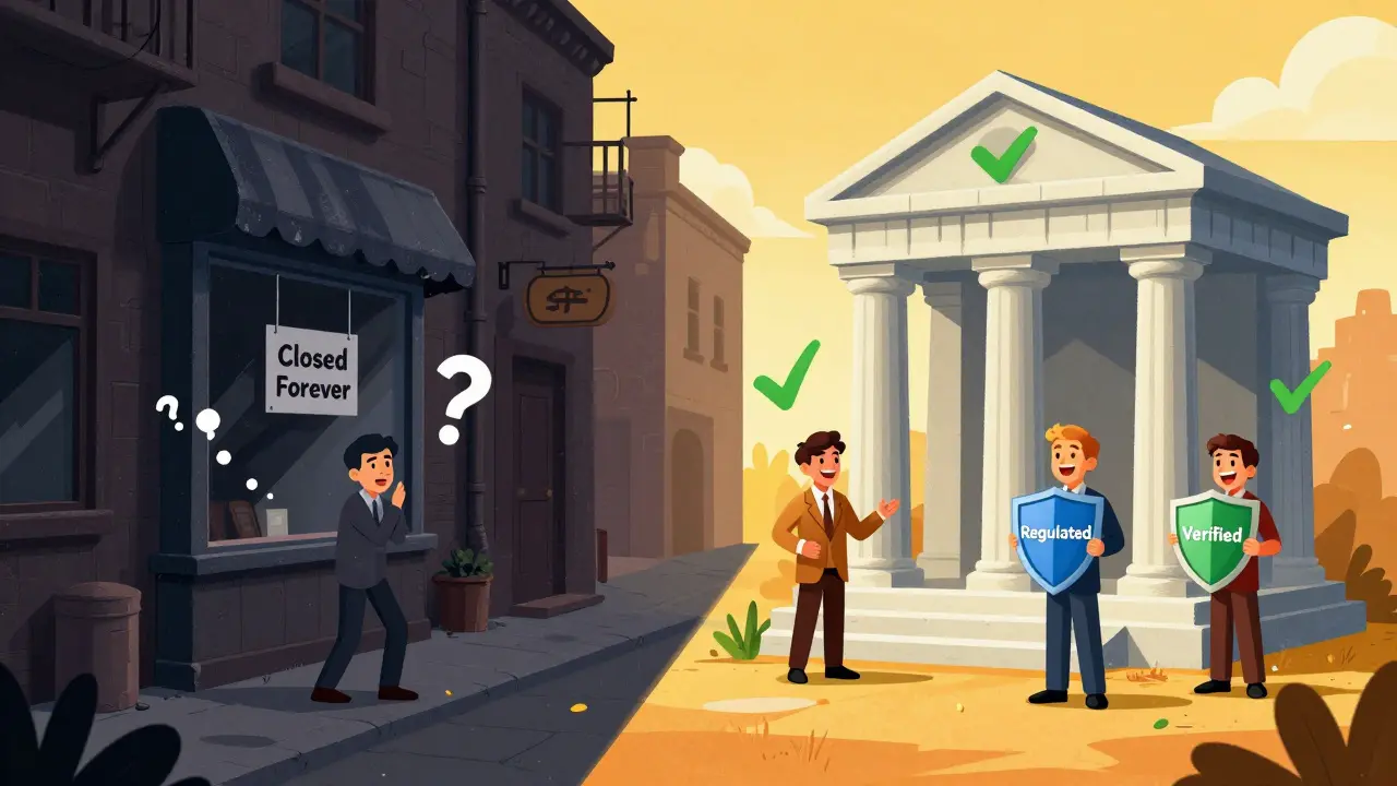 Illustration contrasting a closed unsafe exchange with a secure regulated platform
