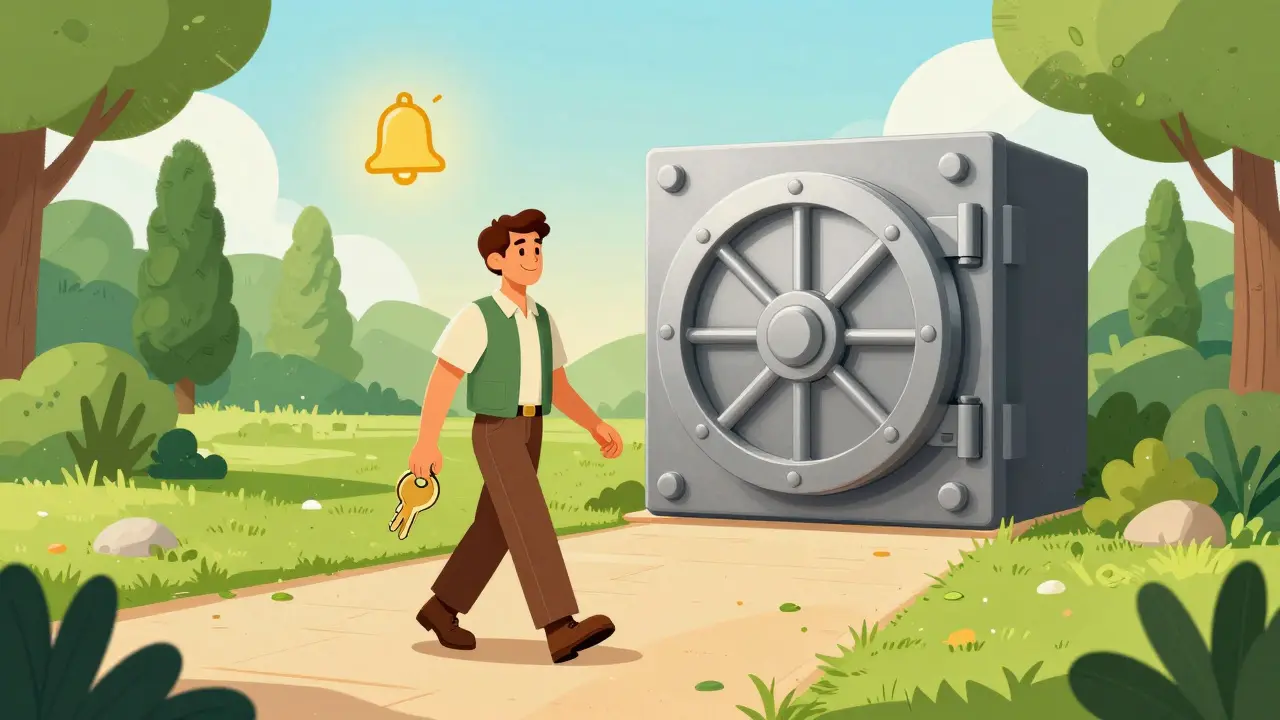 Illustration of a founder walking freely toward a hardware wallet vault under sunny skies.