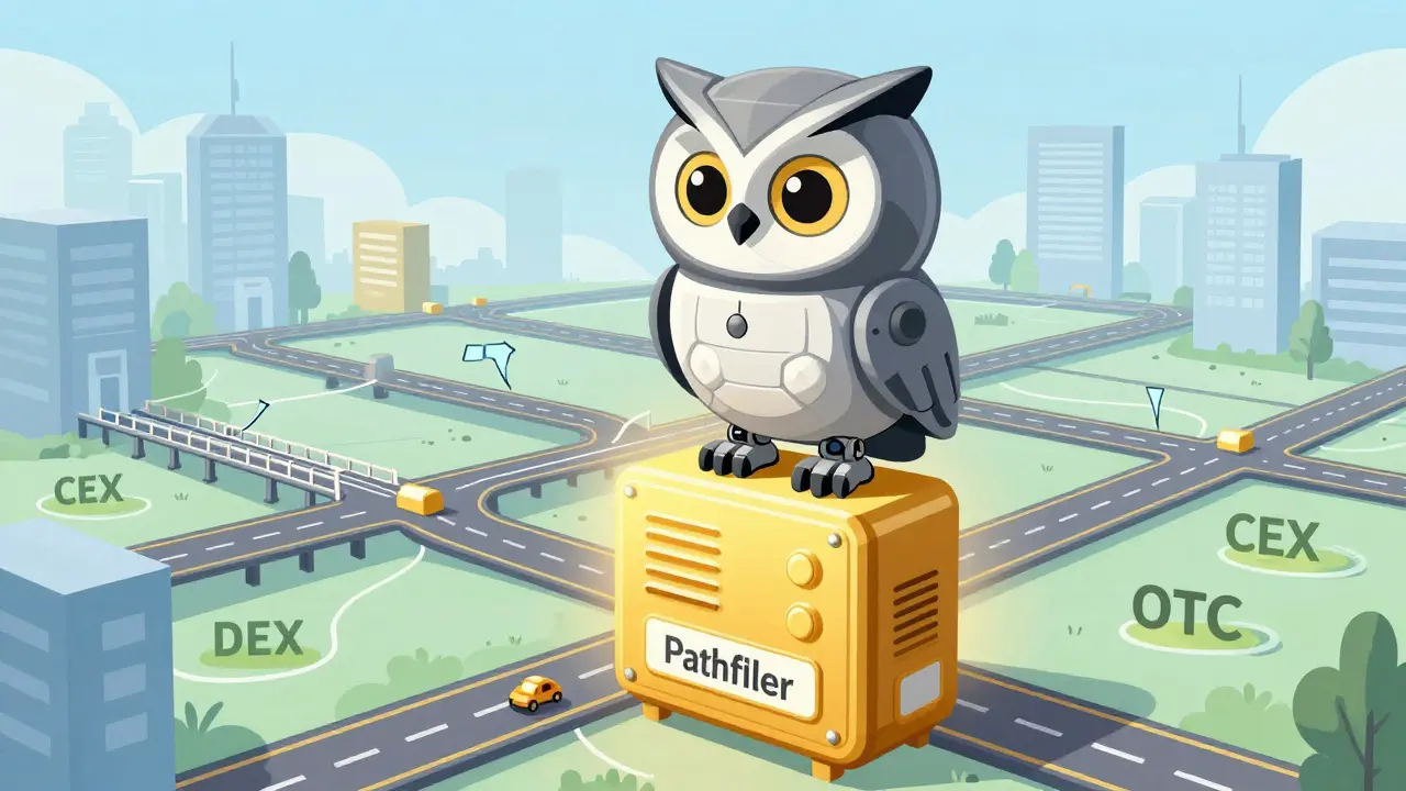 Illustration of a mechanical owl scanning connected blockchain paths for best trade routes.