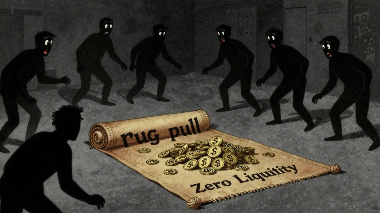 Illustration of shadowy figures pulling rug from investors
