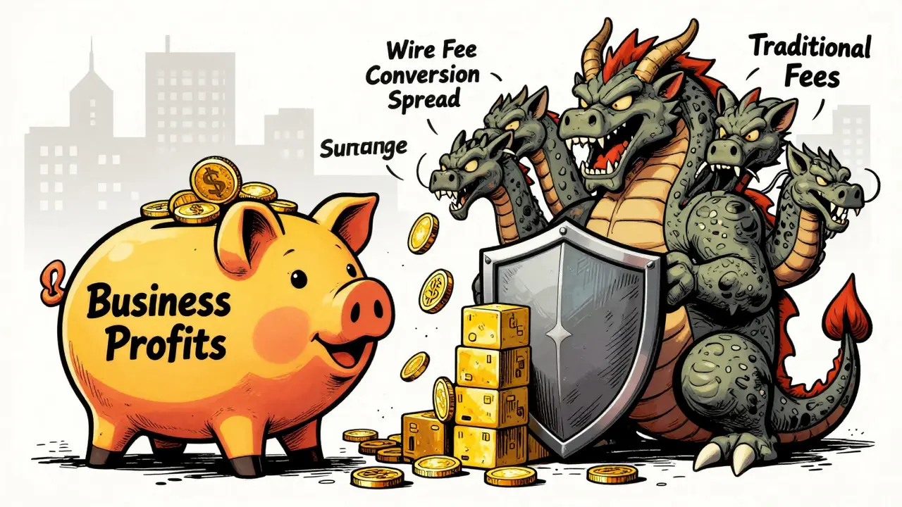 Illustration showing blockchain blocking high traditional banking fees.