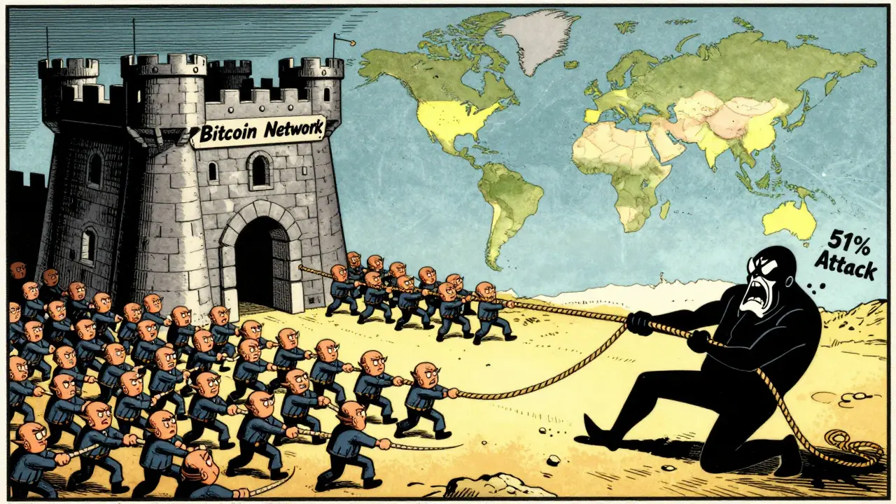Miners pulling rope against a villain to protect a blockchain fortress