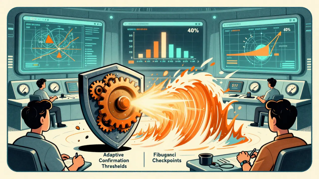 Retro cartoon showing blockchain security monitors and protective shields