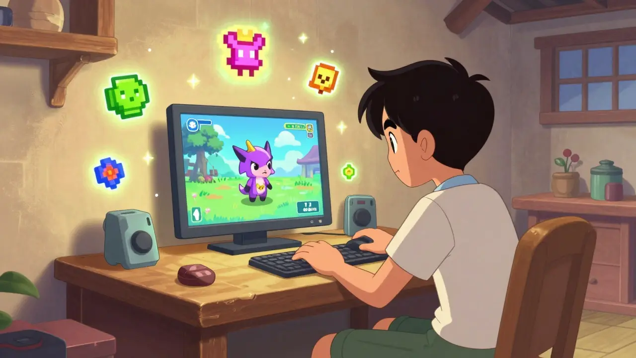 Retro illustration of a gamer earning crypto via Axie Infinity in Vietnam.