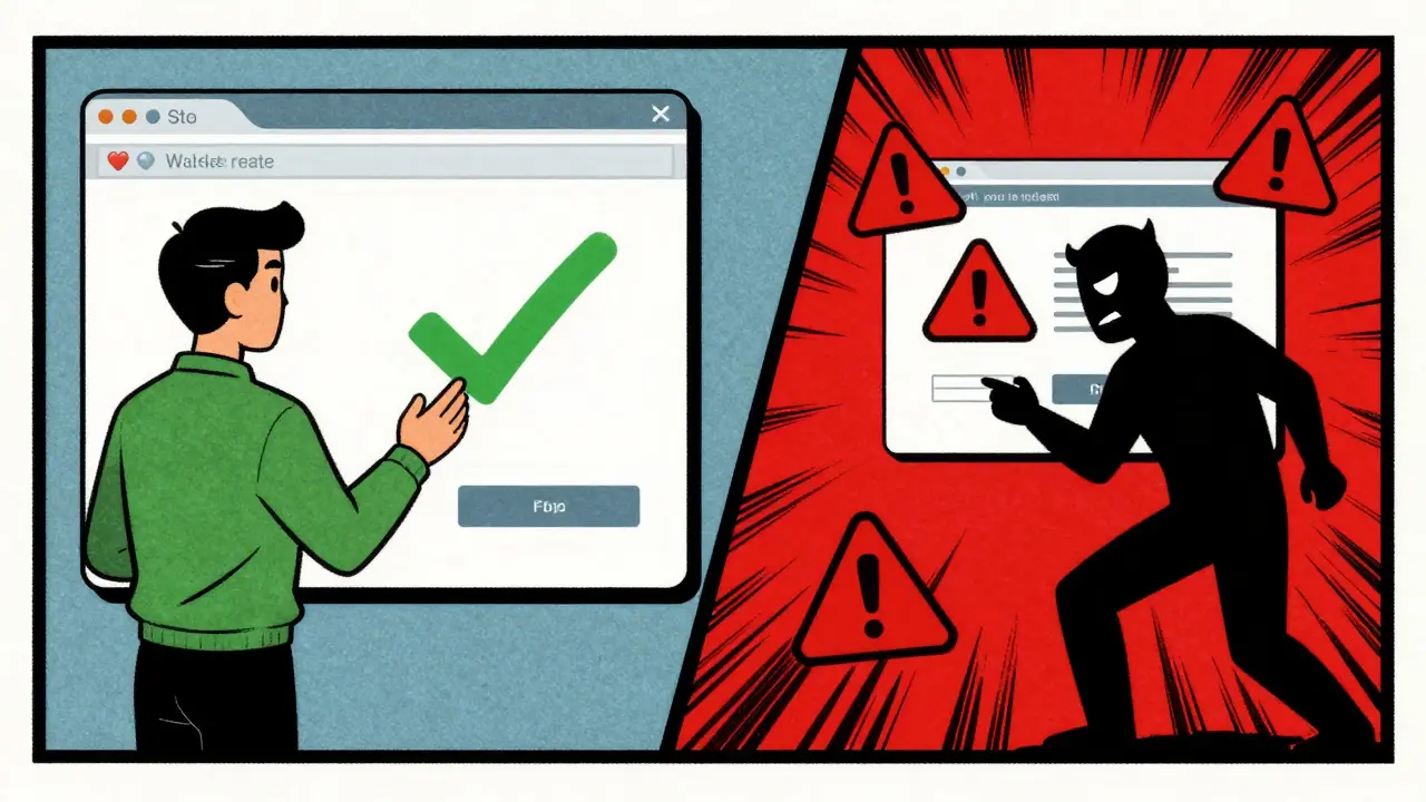Split scene showing safe wallet connection versus phishing scams in vintage cartoon style.
