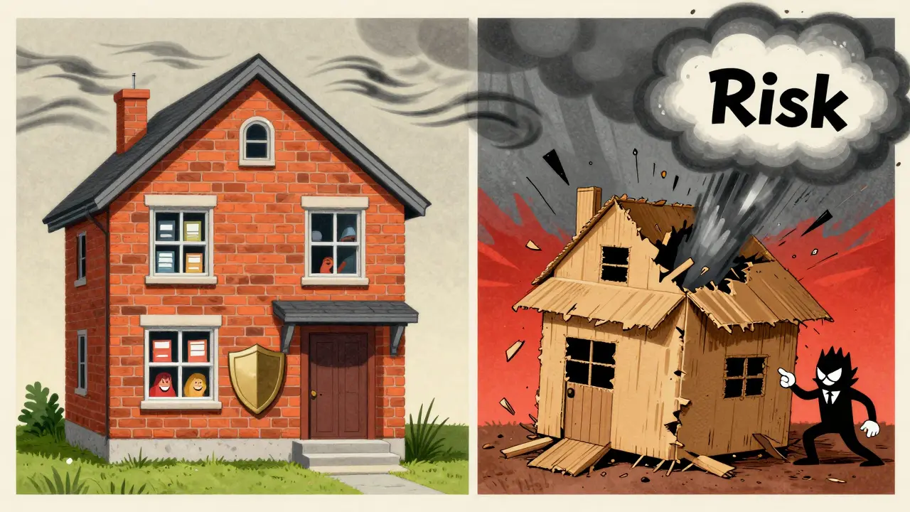 Strong brick house vs flimsy cardboard house in cartoon style