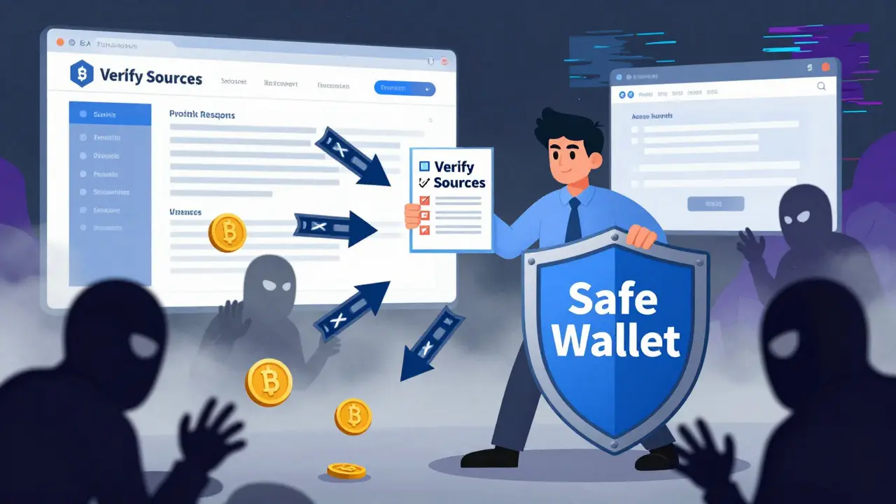 User protecting wallet from crypto scams and phishing