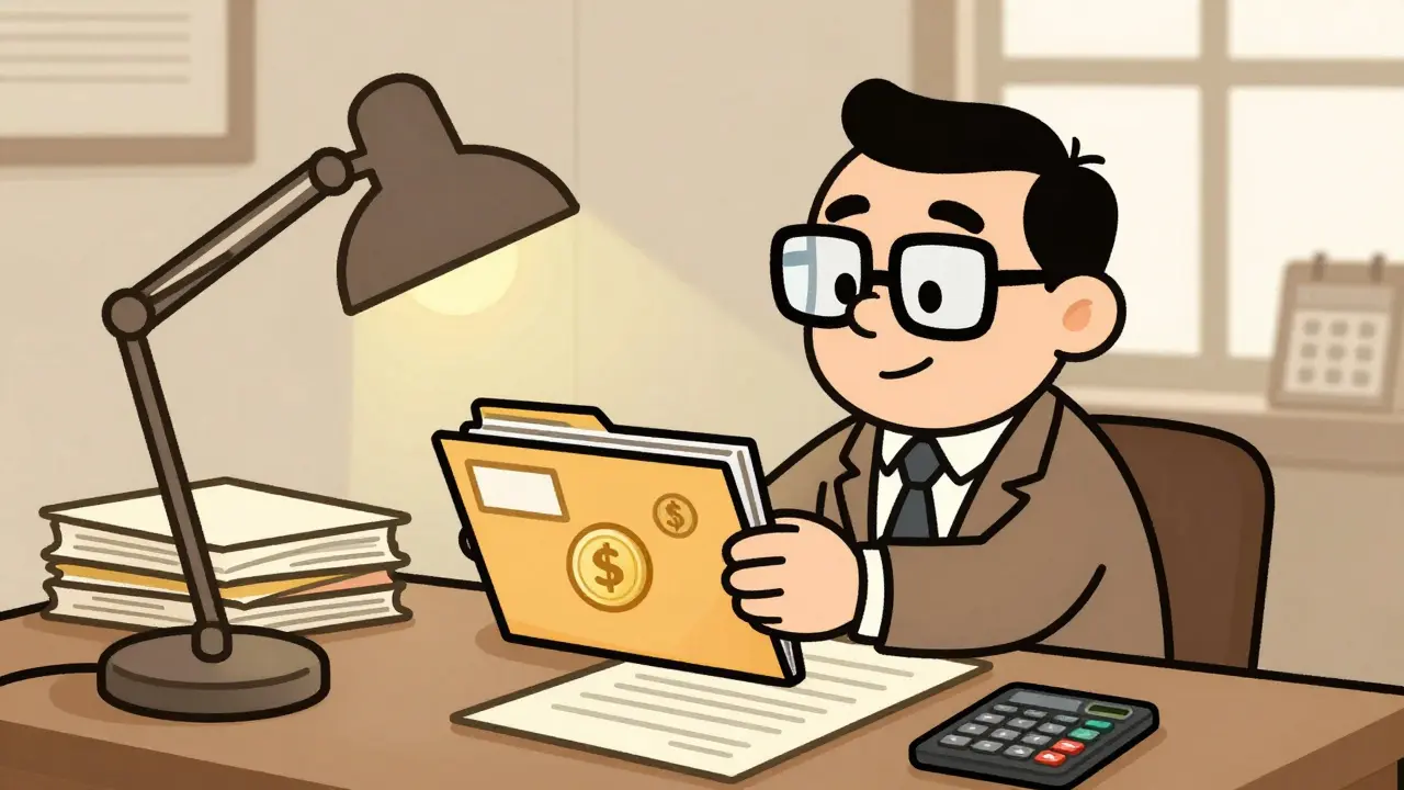 Vintage cartoon accountant organizing crypto tax records at a desk