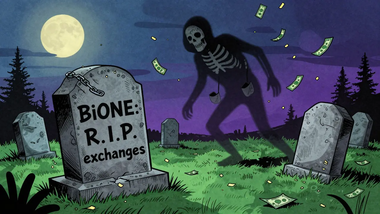 Vintage cartoon of a BiONE tombstone in a crypto graveyard with a vanishing scammer