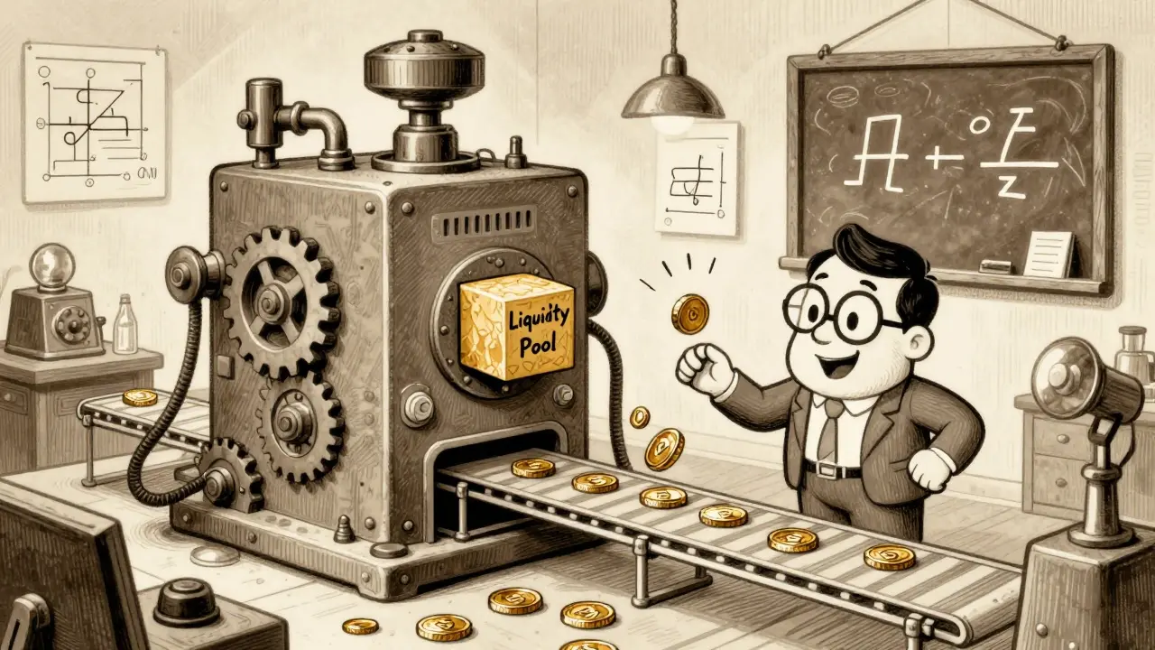 Vintage cartoon of a machine processing liquidity pools