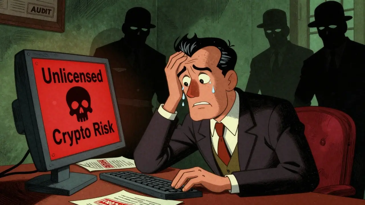 Vintage cartoon of anxious banker fearing unlicensed crypto risks