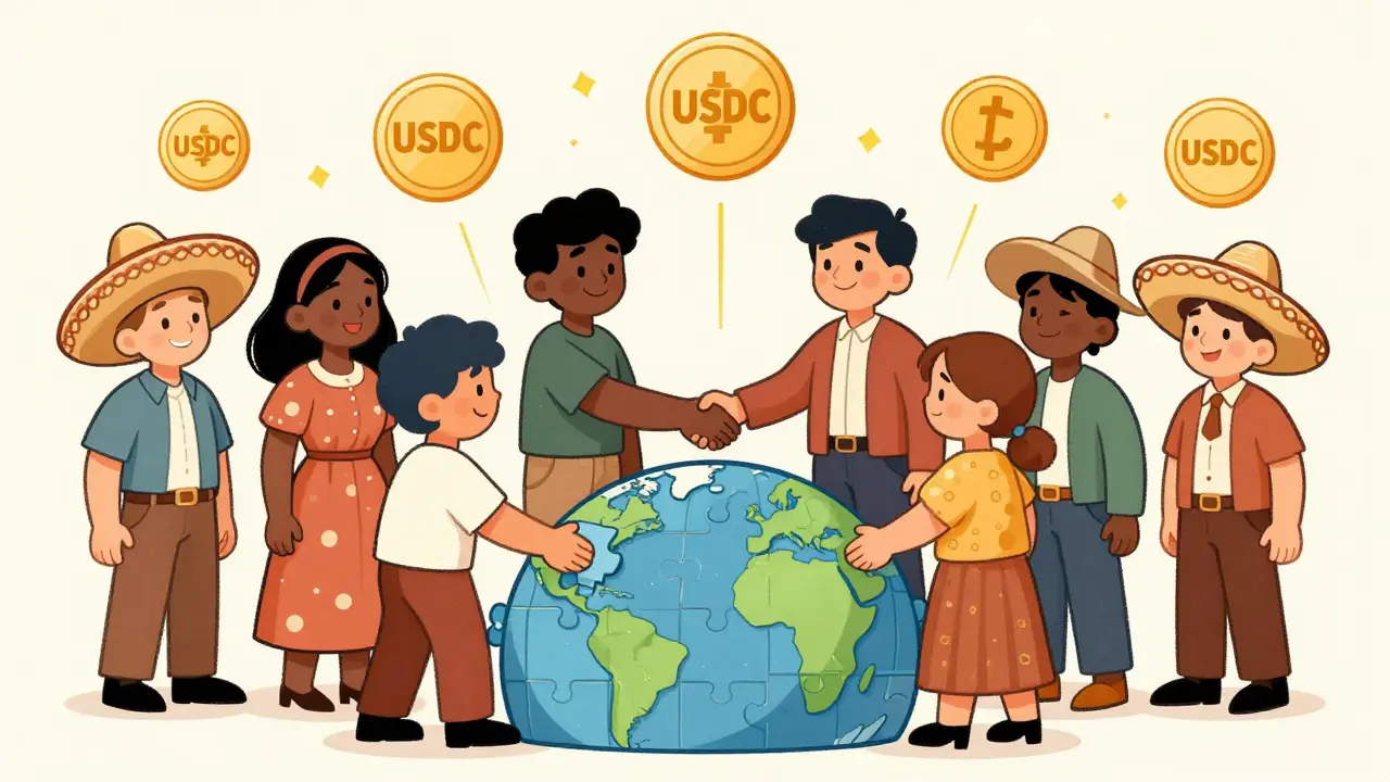 Vintage cartoon of global partners connected by blockchain technology.