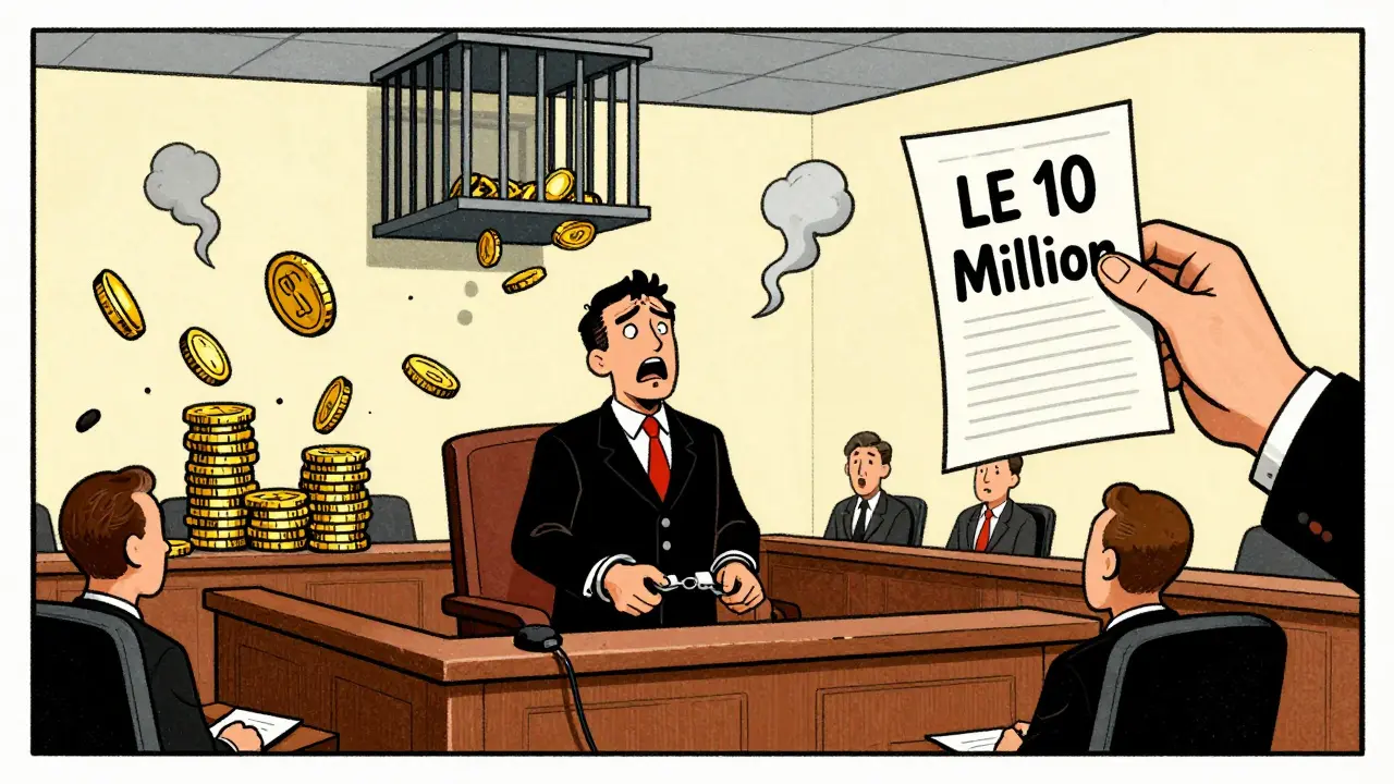 Vintage cartoon of influencer facing prison and fines for crypto promotion