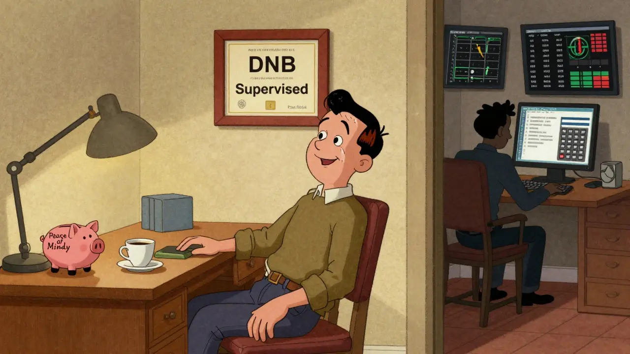 Vintage cartoon showing relaxed investor valuing regulatory safety over low fees