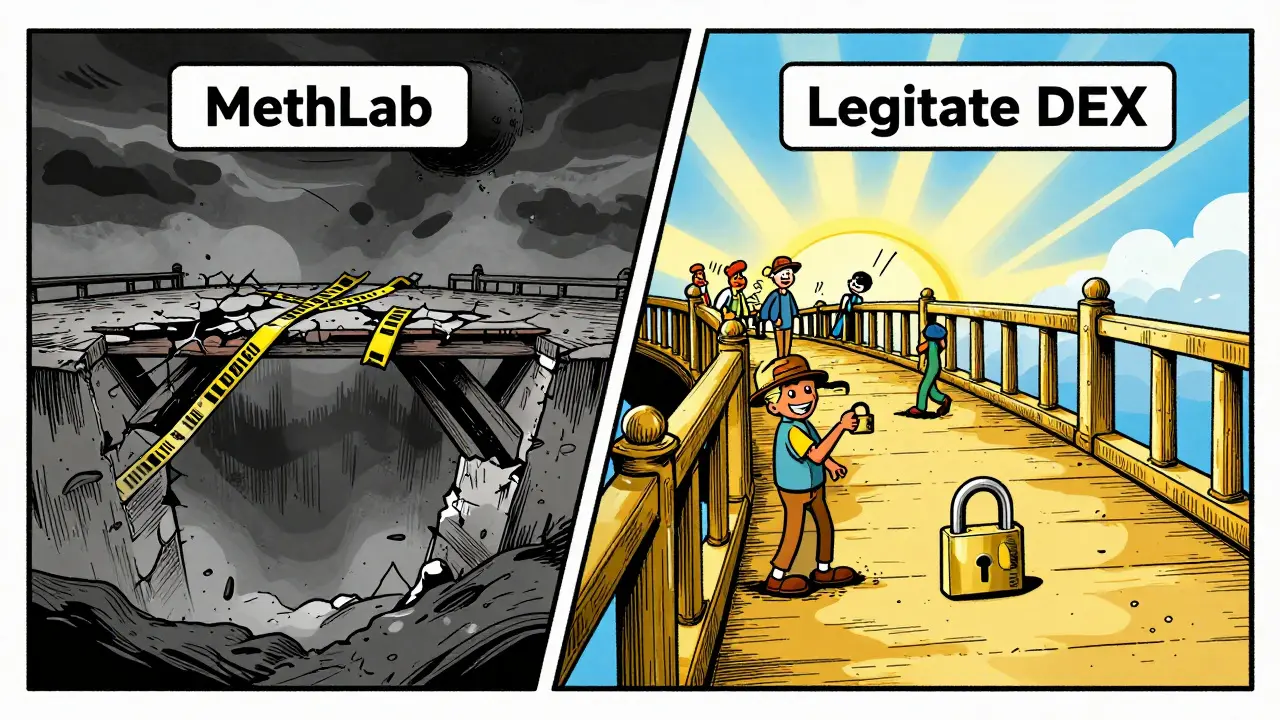 Vintage illustration contrasting a crumbling scam bridge with a safe legitimate exchange
