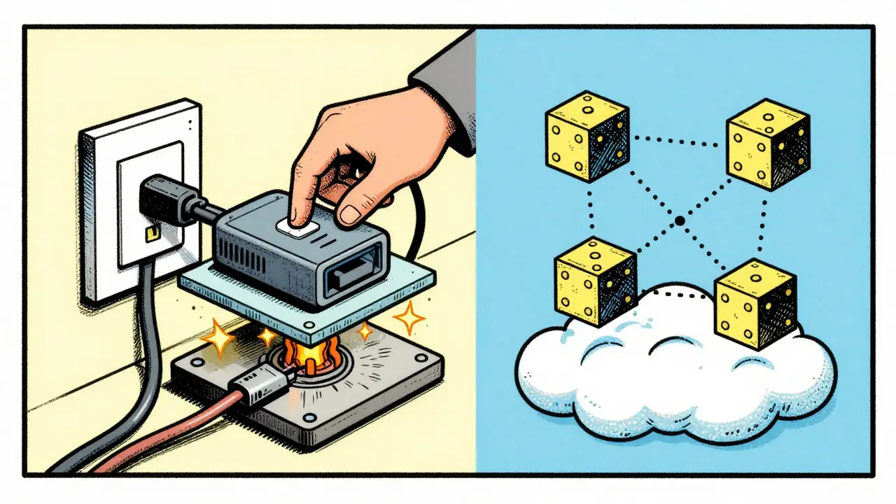 Vintage illustration linking physical hardware to blockchain