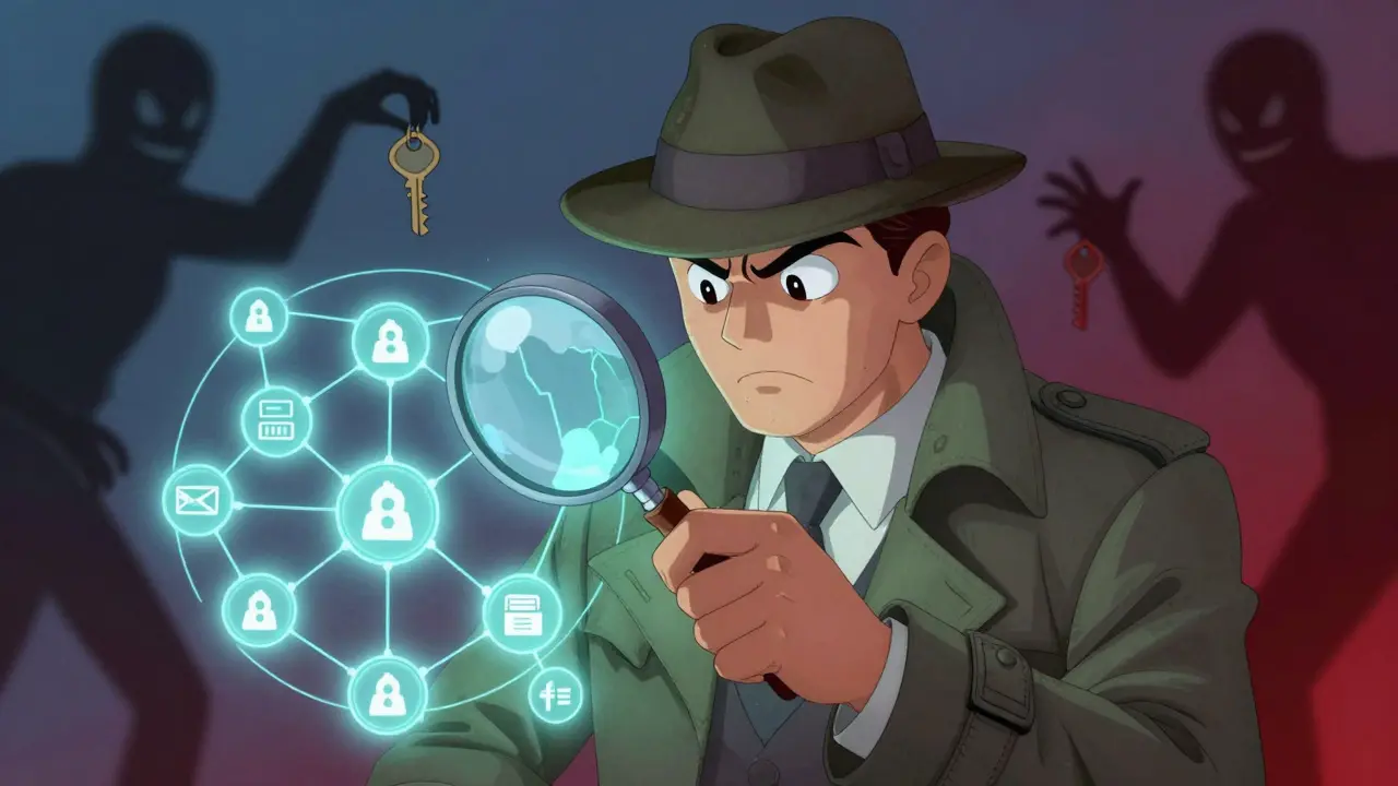 Vintage illustration of detective checking blockchain for crypto scam warnings