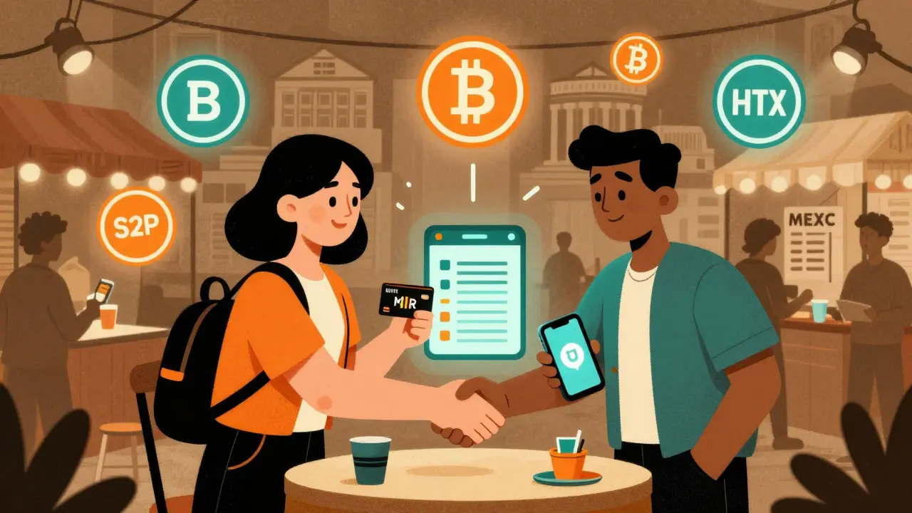 Vintage illustration of P2P crypto trade with MIR cards and platform icons