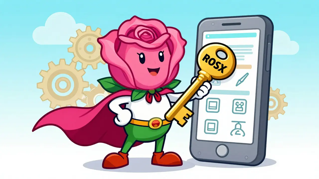 Anthropomorphic rose hero holding a key next to a mobile app interface