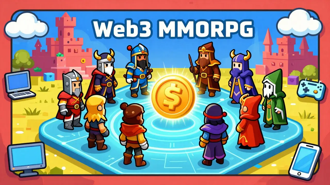 Cartoon avatars gathering around glowing SHARDS token in fantasy game