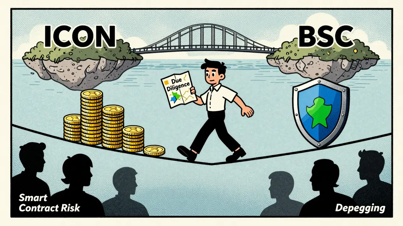 Cartoon character balancing yield and risk on a crypto tightrope