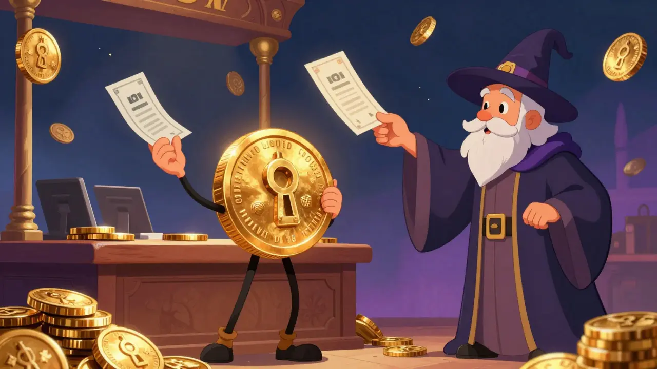 Cartoon character exchanging a locked coin for a floating liquid staking receipt token.